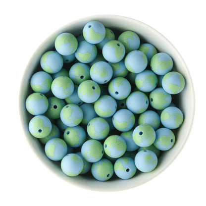 15mm Silicone Round Print Beads Globe Aquamarine from Cara & Co Craft Supply