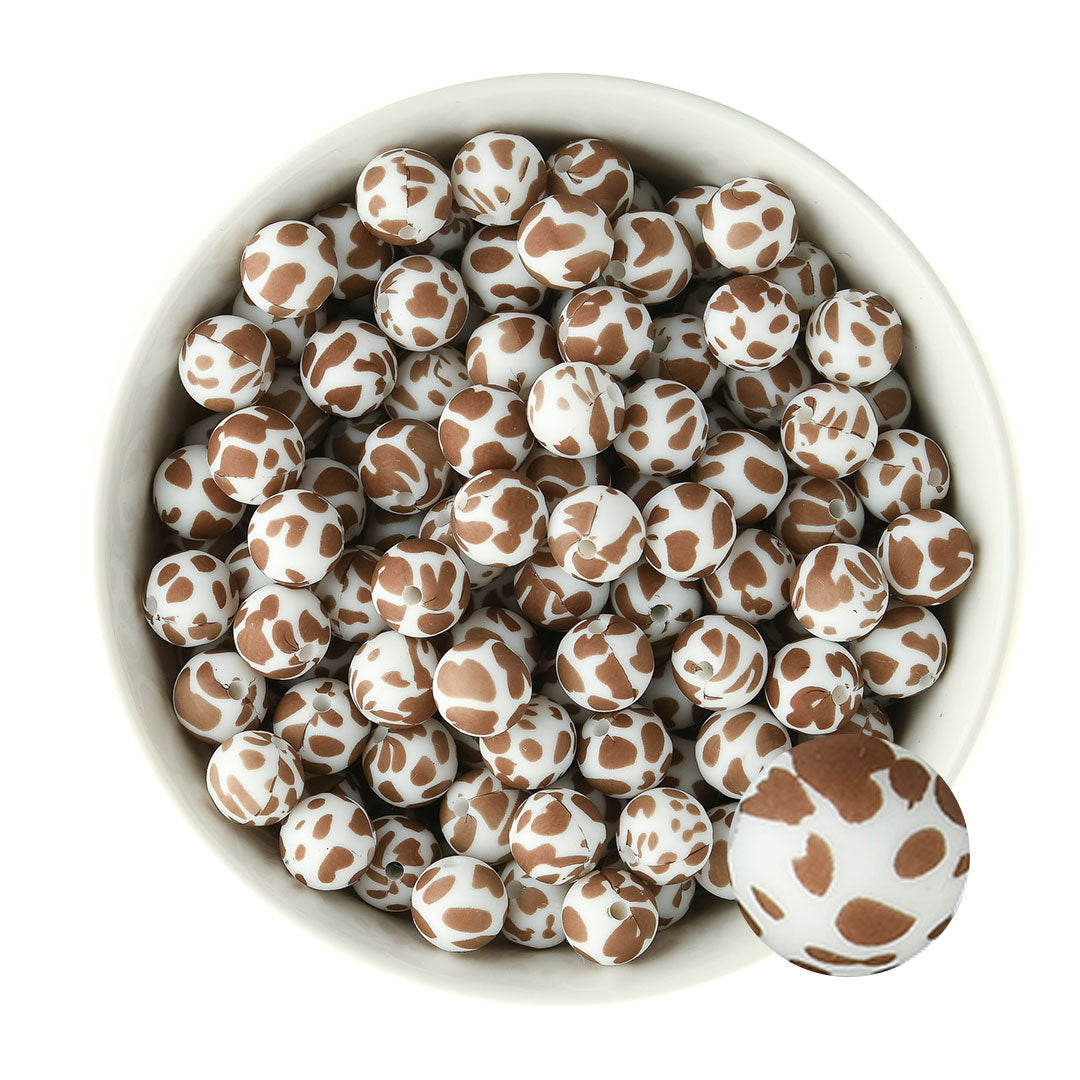 12mm Silicone Round Print Beads Brown Cow from Cara & Co Craft Supply