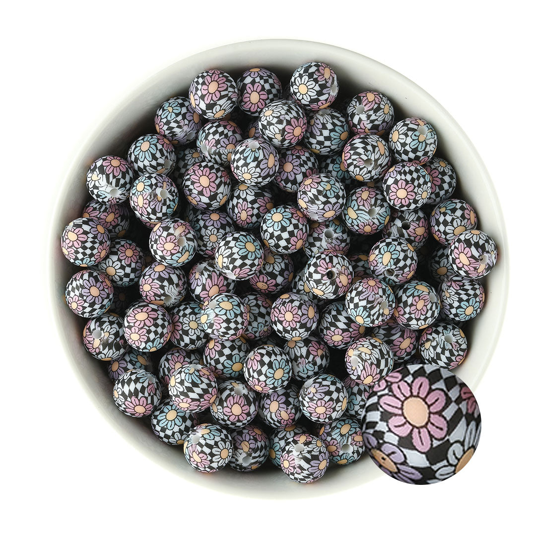 12mm Silicone Round Print Beads Checkered Daisies from Cara & Co Craft Supply