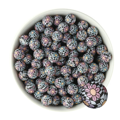 12mm Silicone Round Print Beads Checkered Daisies from Cara & Co Craft Supply