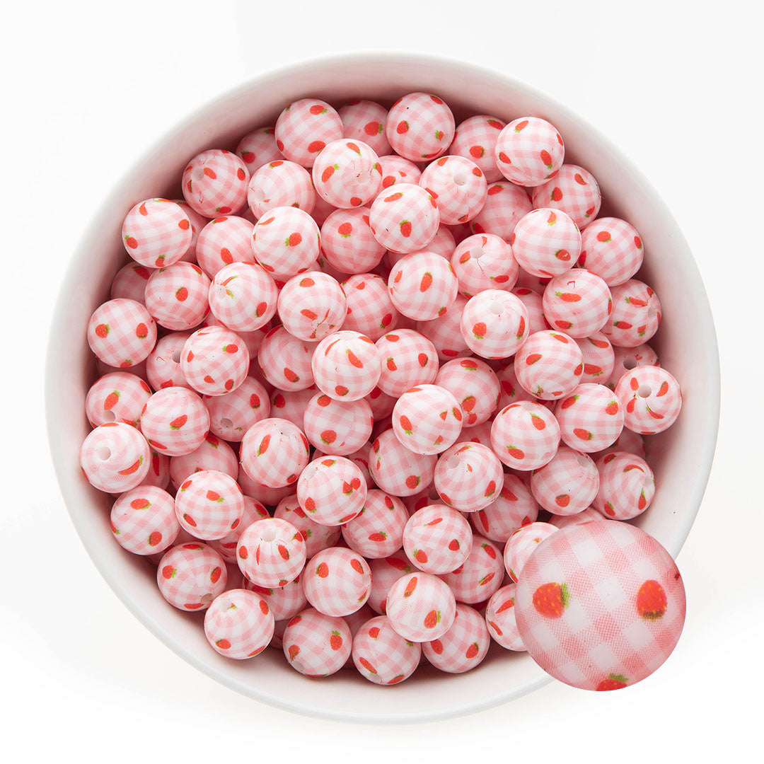 Silicone Print Beads Exclusive - 12mm Round Strawberry Picnic from Cara & Co Craft Supply