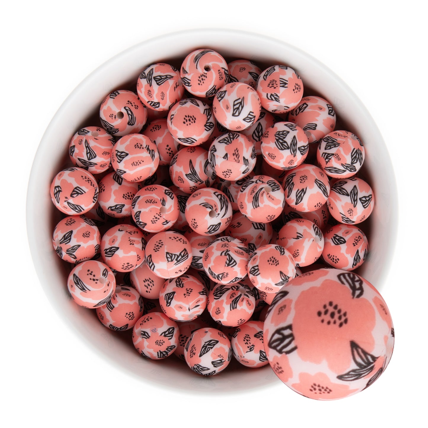 15mm Silicone Round Print Beads Blushing Peony Floral from Cara & Co Craft Supply