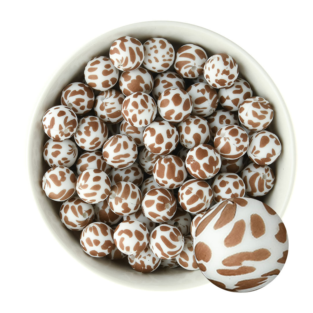 15mm Silicone Round Print Beads Brown Cow from Cara & Co Craft Supply