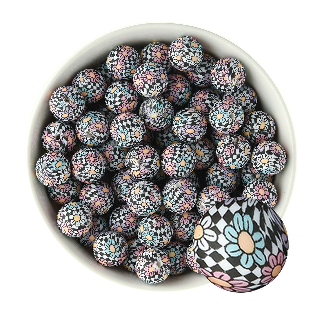 15mm Silicone Round Print Beads Checkered Daisies from Cara & Co Craft Supply