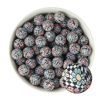 15mm Silicone Round Print Beads Checkered Daisies from Cara & Co Craft Supply