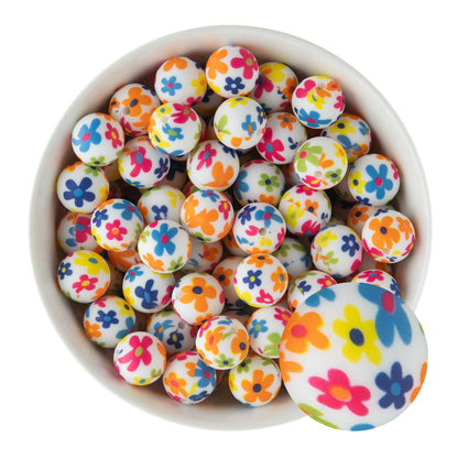 15mm Silicone Round Print Beads Flower Power from Cara & Co Craft Supply