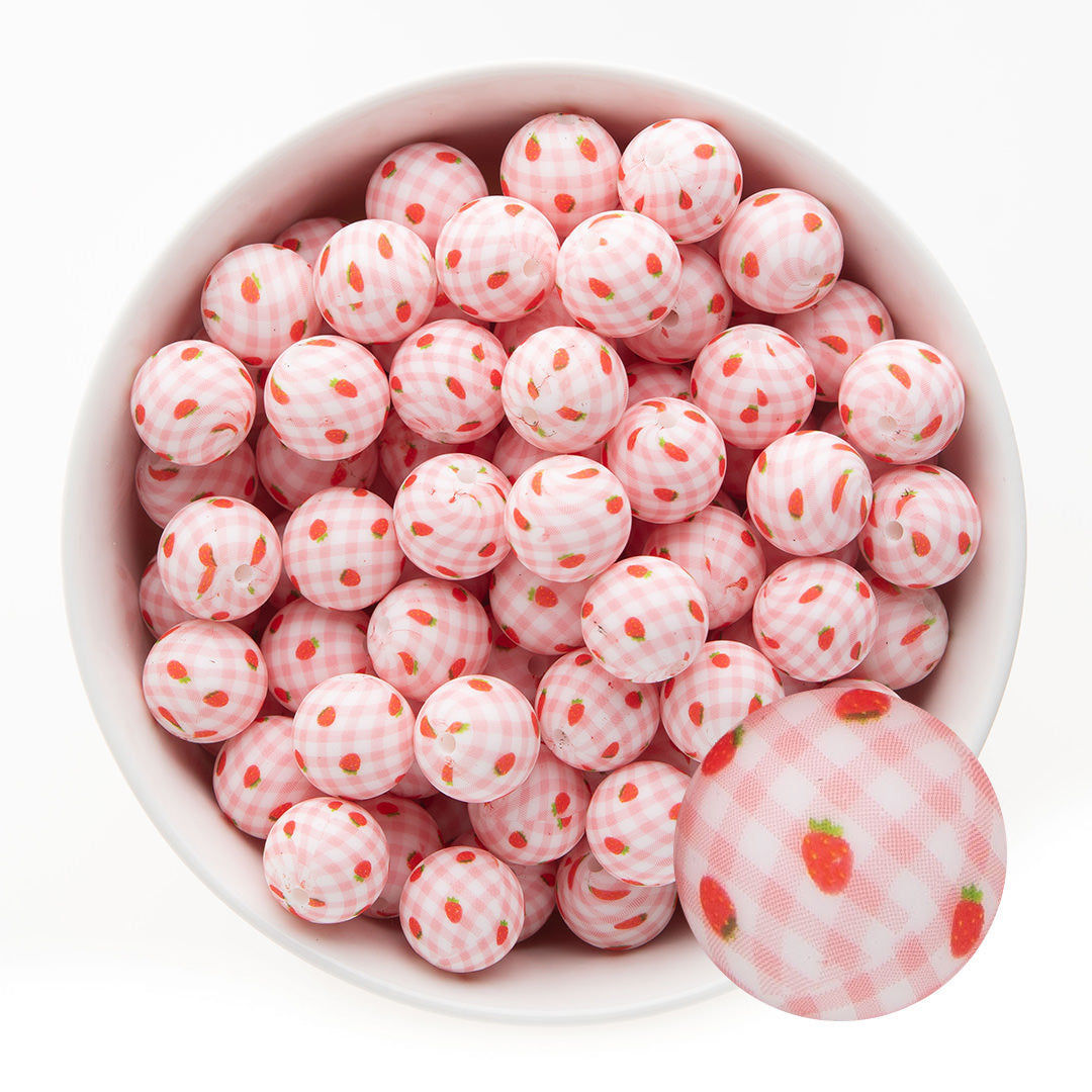 Silicone Print Beads Exclusive - 15mm Round Strawberry Picnic from Cara & Co Craft Supply