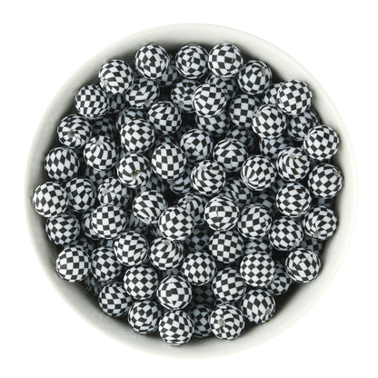 12mm Silicone Round Print Beads Black Checkered from Cara & Co Craft Supply