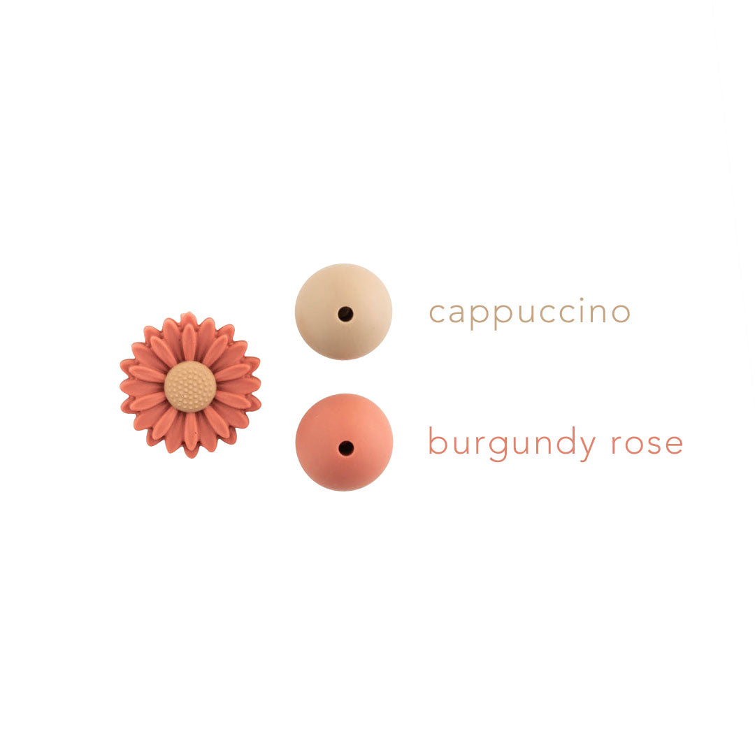 Burgundy Rose Daisy Silicone focal bead color comparison